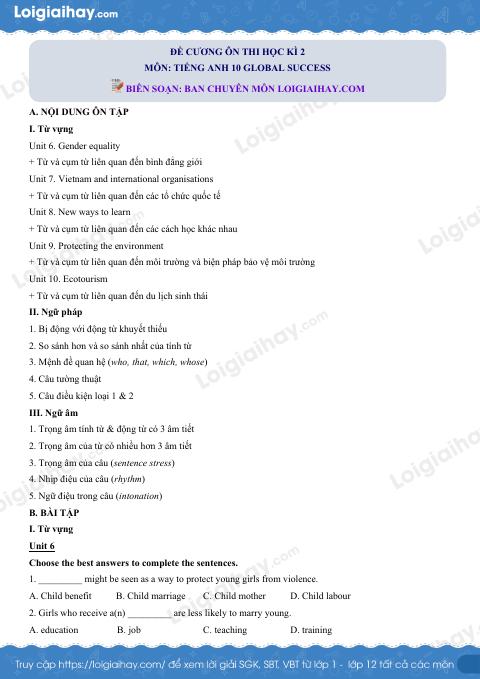 Đề cương ôn tập HK2 tiếng Anh 10 global success có đáp án
